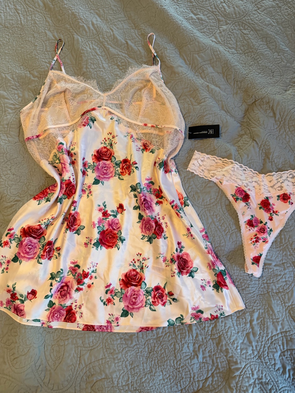 INC Floral Lace Trim Chemise & Thong Set - White with Pink Rose Print NWT